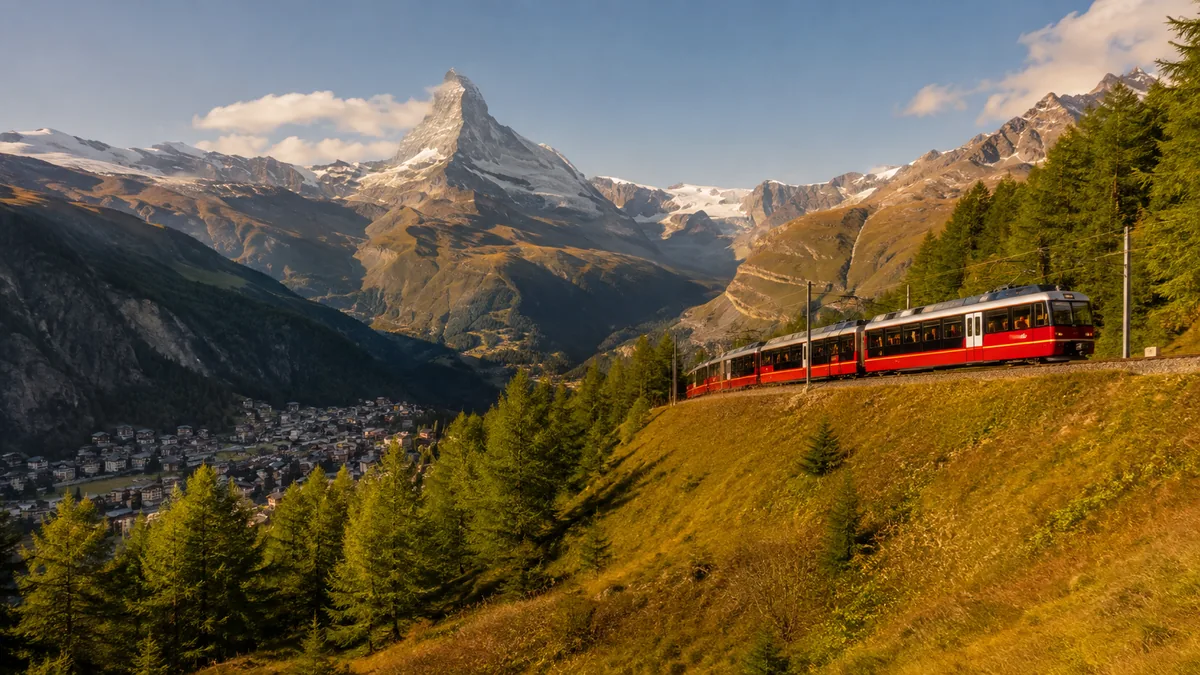 Ein Gornergrat-Bahn-Zug auf der Fahrt über Zermatt